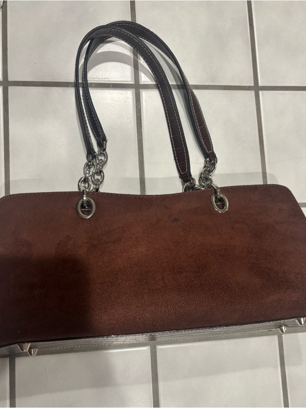 Prada Milano Faux Dark Brown Suede Shoulder Bag with Silver Chain Straps - Picture 3 of 6